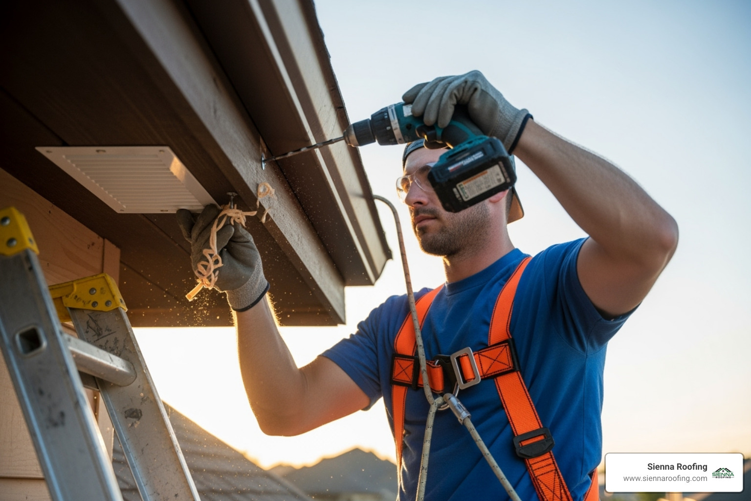A roofing contractor in a safety harness installing a soffit vent on the underside of a roof overhang, using a drill to secure the vent into place. The image emphasizes precision and safety. - Attic ventilation installation