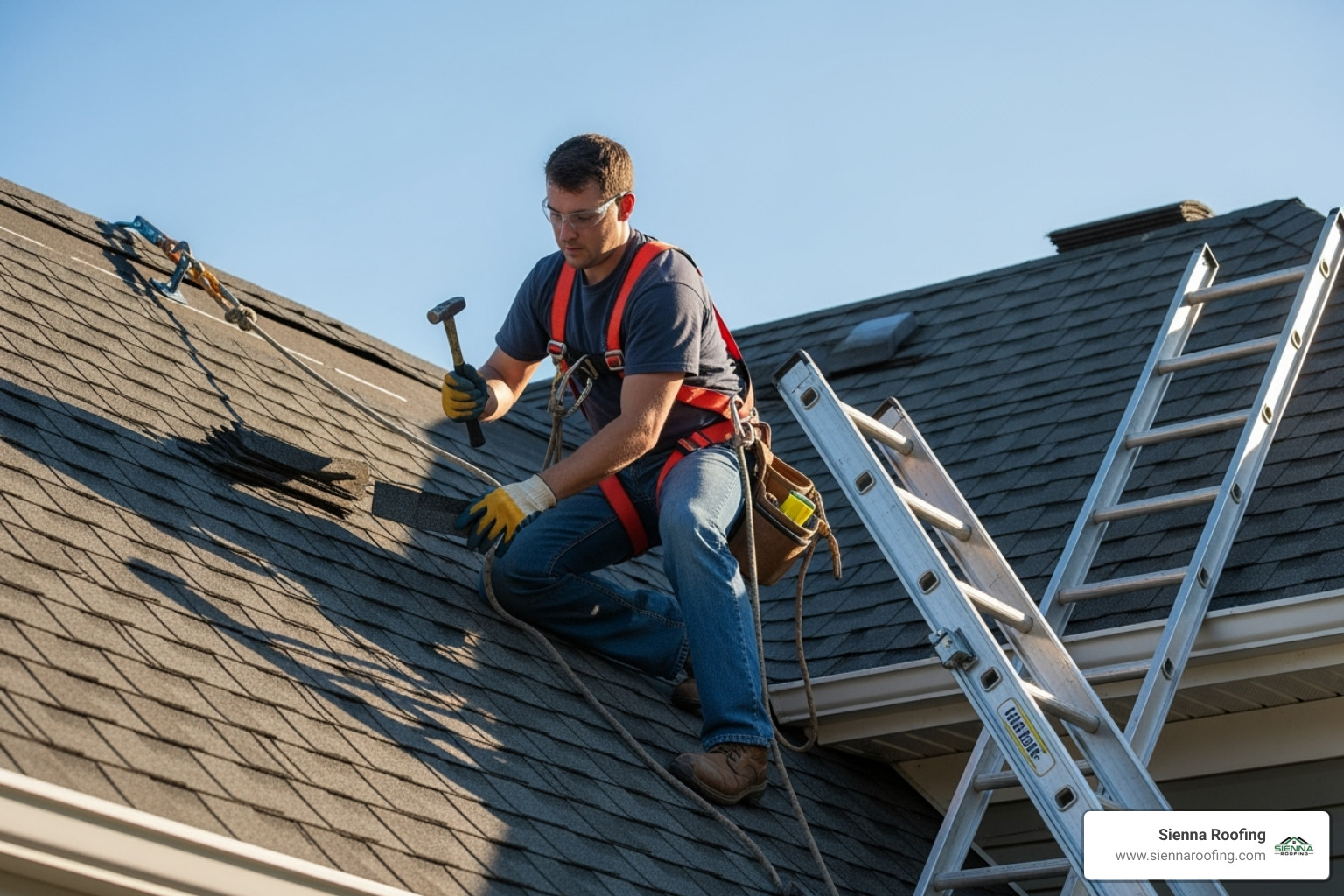 A roofer wearing a safety harness, gloves, and safety glasses, working on a roof with a stable ladder in the background. The scene emphasizes proper safety gear and practices. - Attic ventilation installation