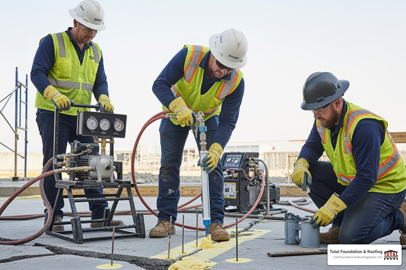 professional team performing polyurethane foam injection - concrete slab repair