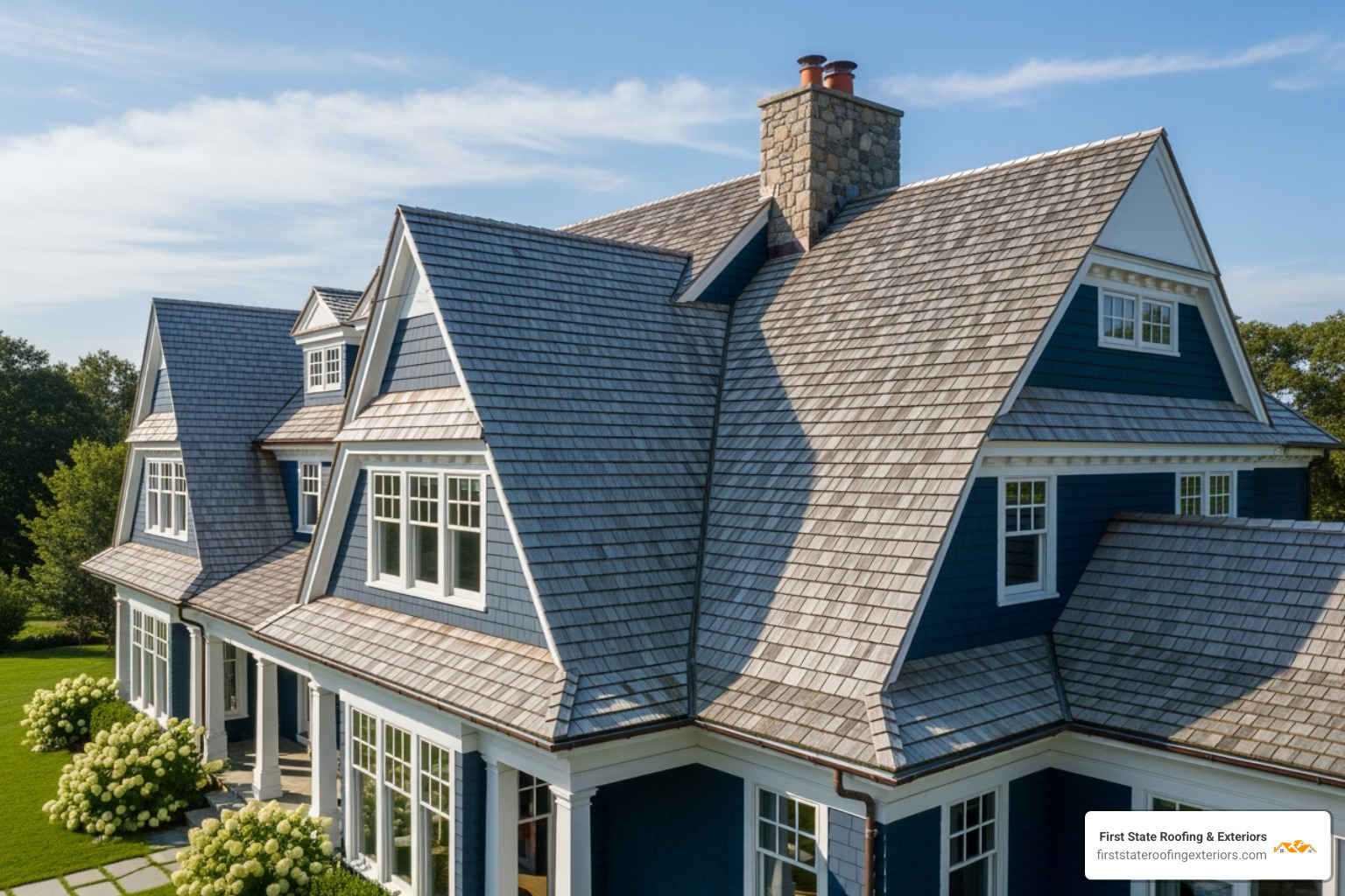 A beautiful home with a weathered, silver-gray cedar roof, showcasing its neat aged beauty under a clear sky. - cedar shake roofing