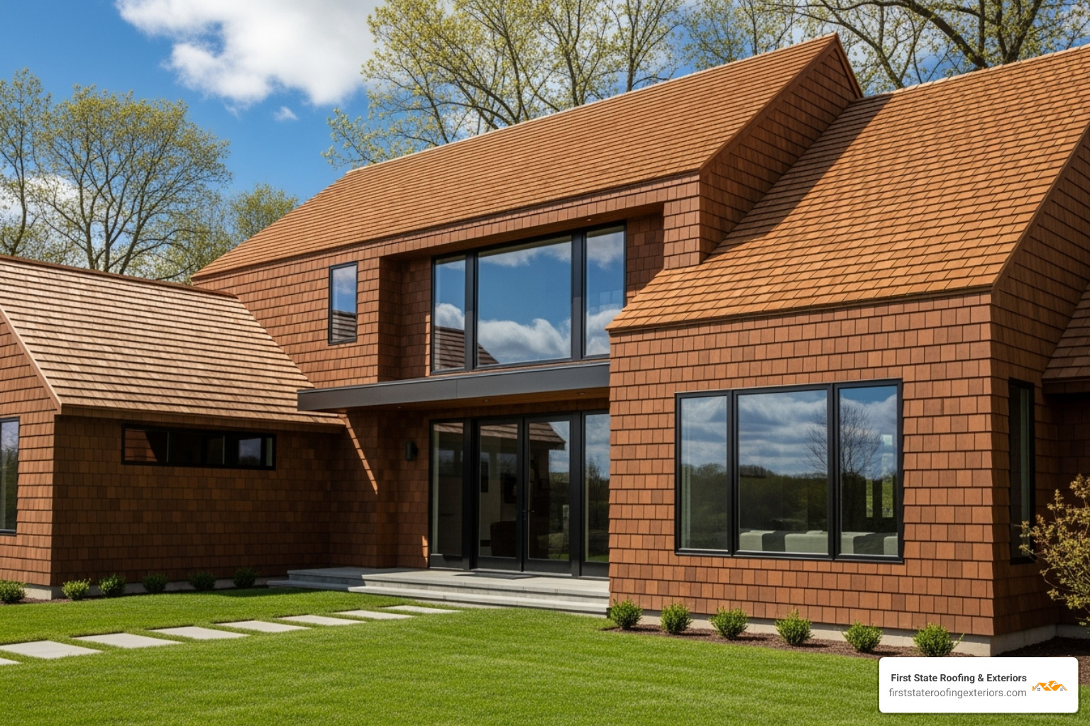 A modern home featuring synthetic cedar shakes, showcasing a clean, uniform appearance. - cedar shake roofing