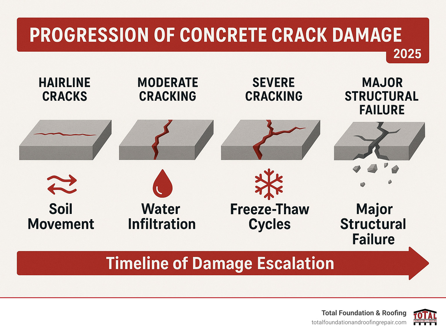 Infographic showing the progression of concrete crack damage from hairline cracks to major structural failure, including causes like soil movement, water infiltration, freeze-thaw cycles, and the timeline of damage escalation - concrete crack repair infographic 