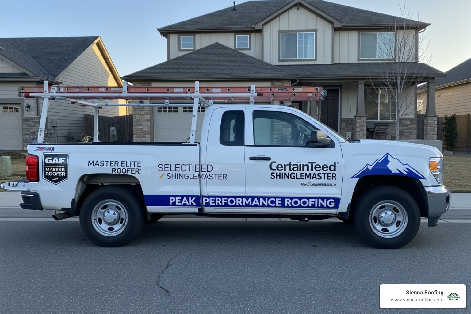 Roofing truck with logos of certifications like GAF and CertainTeed - Roof inspection Houston