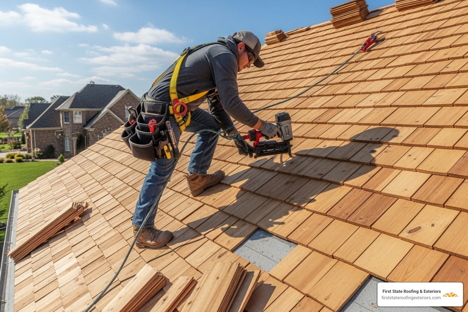 A roofer, wearing all necessary OSHA-required safety gear including a harness, carefully installing cedar shakes on a roof. - cedar shake roofing