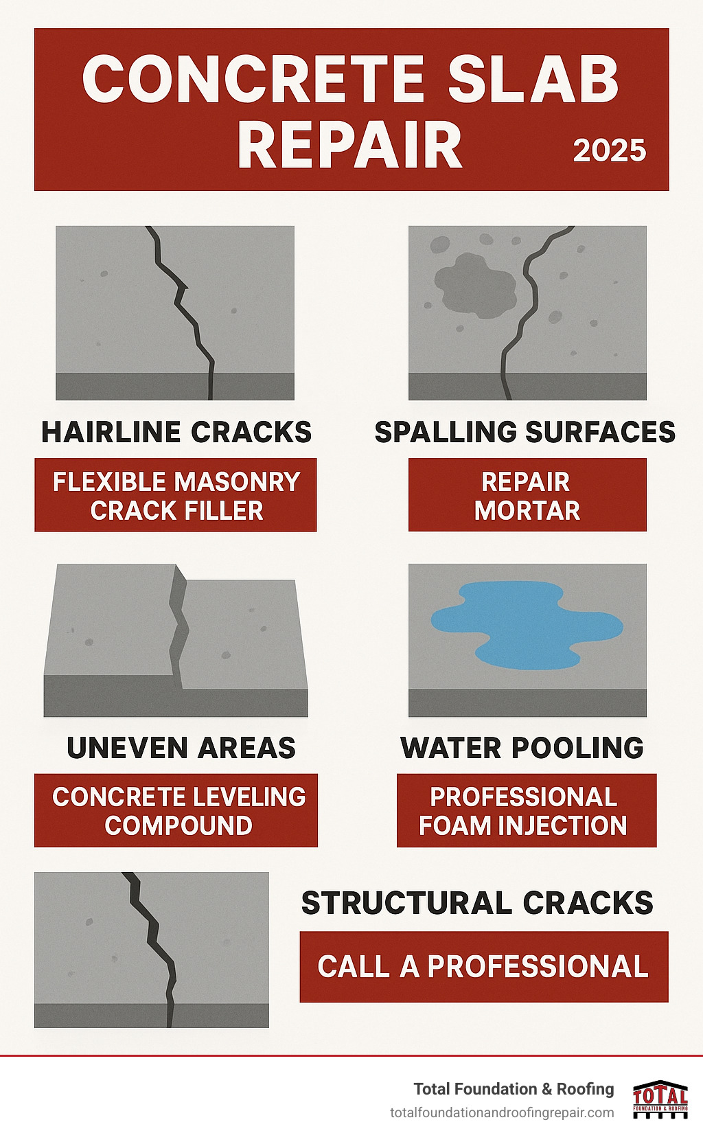 Infographic showing common concrete slab repair warning signs including hairline cracks, spalling surfaces, uneven areas, water pooling, and structural cracks, with recommended repair methods for each type of damage - concrete slab repair infographic 