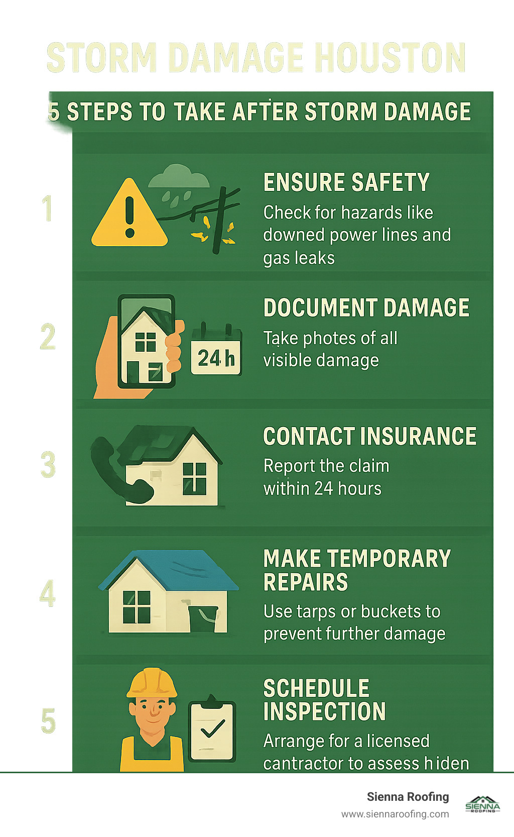 Infographic showing the 5 essential steps homeowners should take immediately after storm damage: 1) Ensure safety by checking for hazards like downed power lines and gas leaks, 2) Document all visible damage with photos from multiple angles, 3) Contact your insurance company within 24 hours to report the claim, 4) Make temporary repairs to prevent further damage using tarps or buckets, and 5) Schedule a professional inspection with a licensed contractor to assess hidden damage - Storm damage Houston infographic 