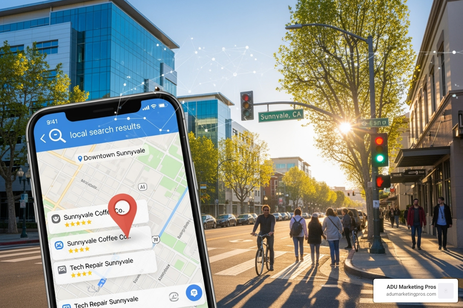 A Google Maps search result on a smartphone, showing the "Local Pack" for "restaurants in Sunnyvale" with pins on a map. - local seo sunnyvale