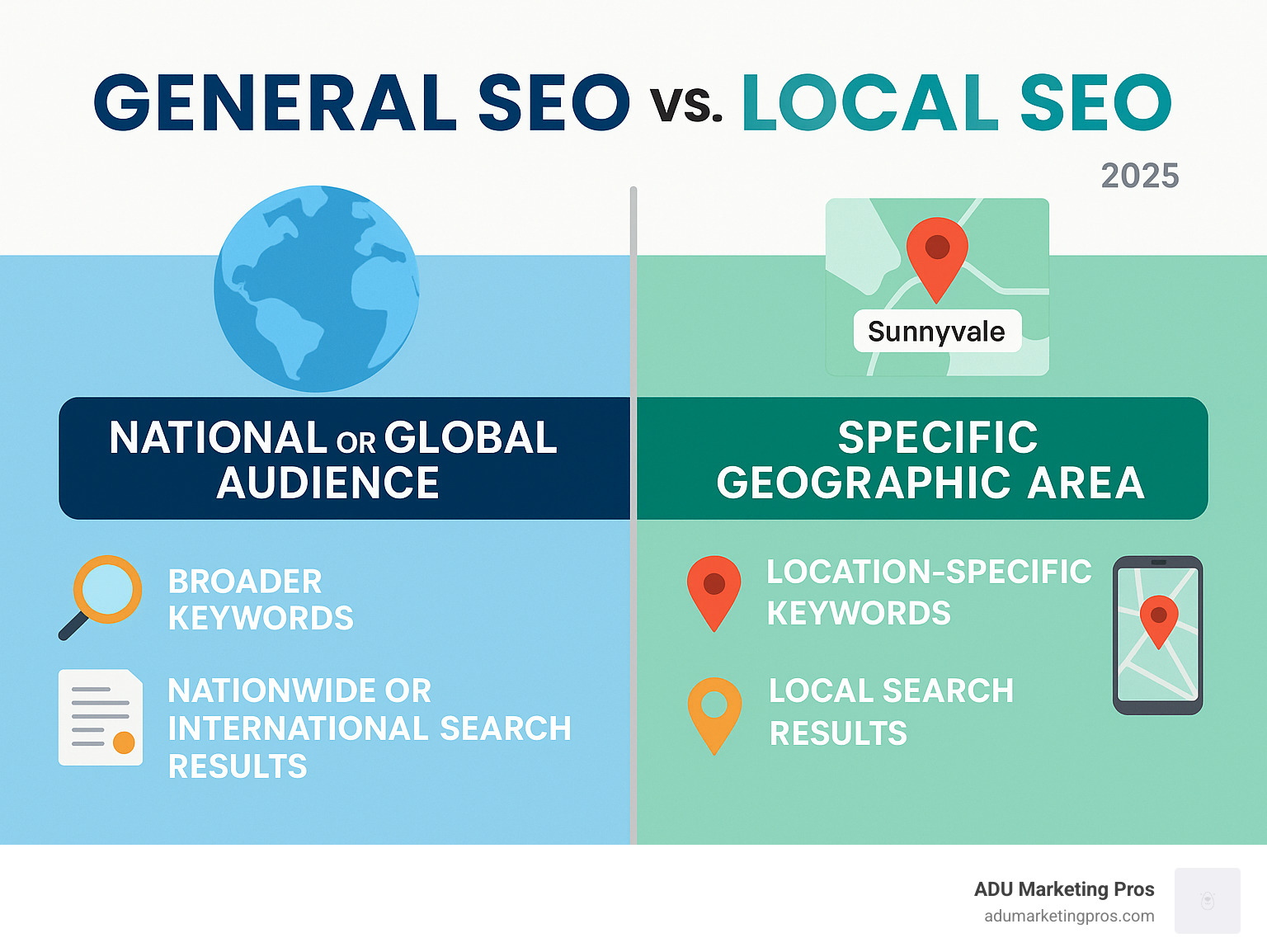 Infographic explaining the core differences between General SEO (targeting a national or global audience) and Local SEO (targeting customers in a specific geographic area like Sunnyvale). - local seo sunnyvale infographic 
