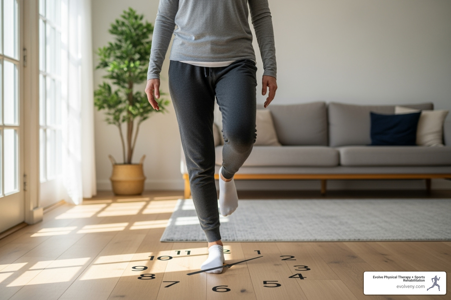 Image of person doing clock-face step drill - balance exercises at home