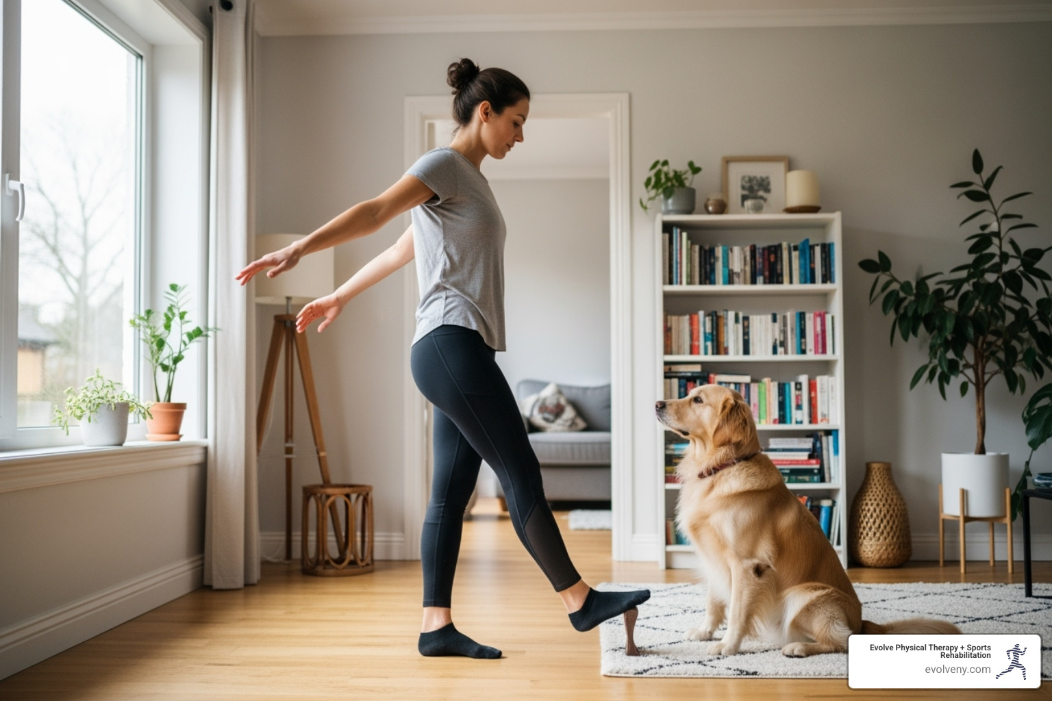 Image of person doing heel-to-toe walk with pet - balance exercises at home
