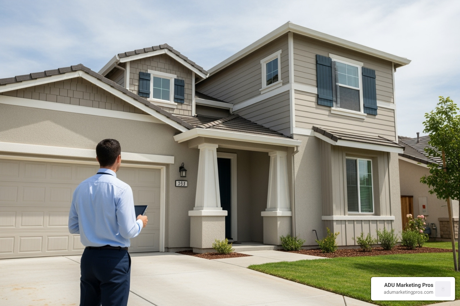 appraiser inspecting the exterior of a home with an attached ADU - fannie mae guideline regarding adu dwelling