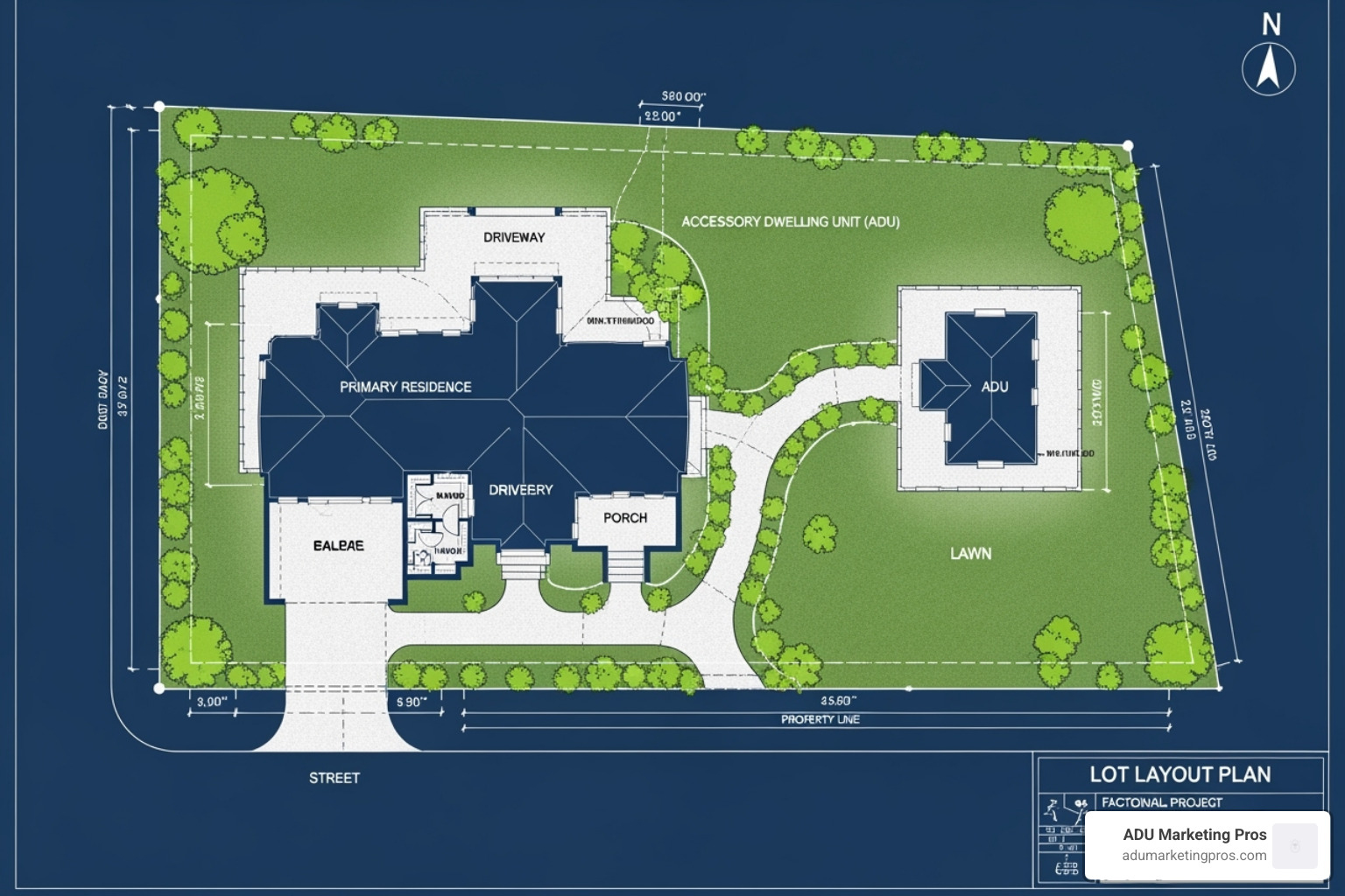 blueprint or architectural drawing of a property lot showing a primary home and a detached ADU - fannie mae guideline regarding adu dwelling
