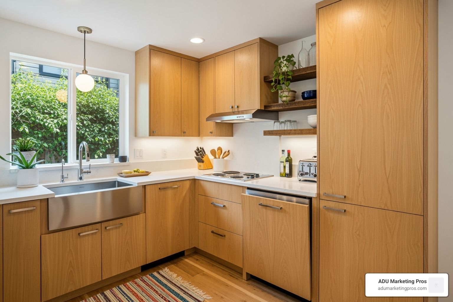 kitchen inside a compact, well-designed ADU, showing cabinets, a sink, and a stove hookup - fannie mae guideline regarding adu dwelling