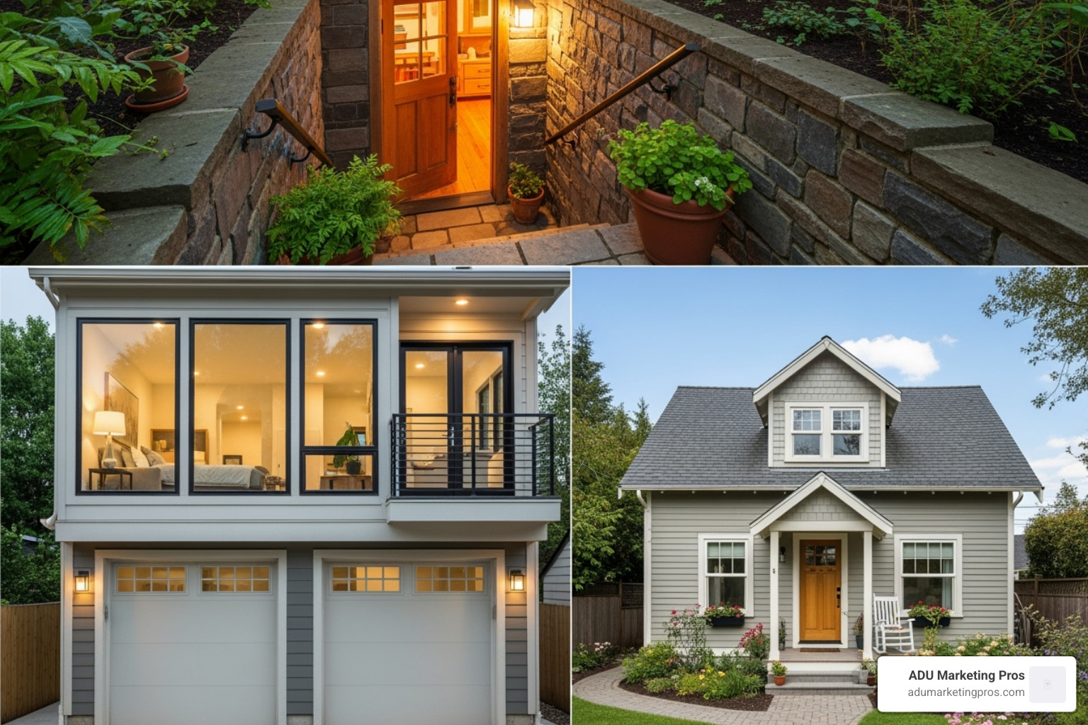 collage showing different types of ADUs: a basement apartment, a unit over a garage, and a small detached cottage - fannie mae adu income