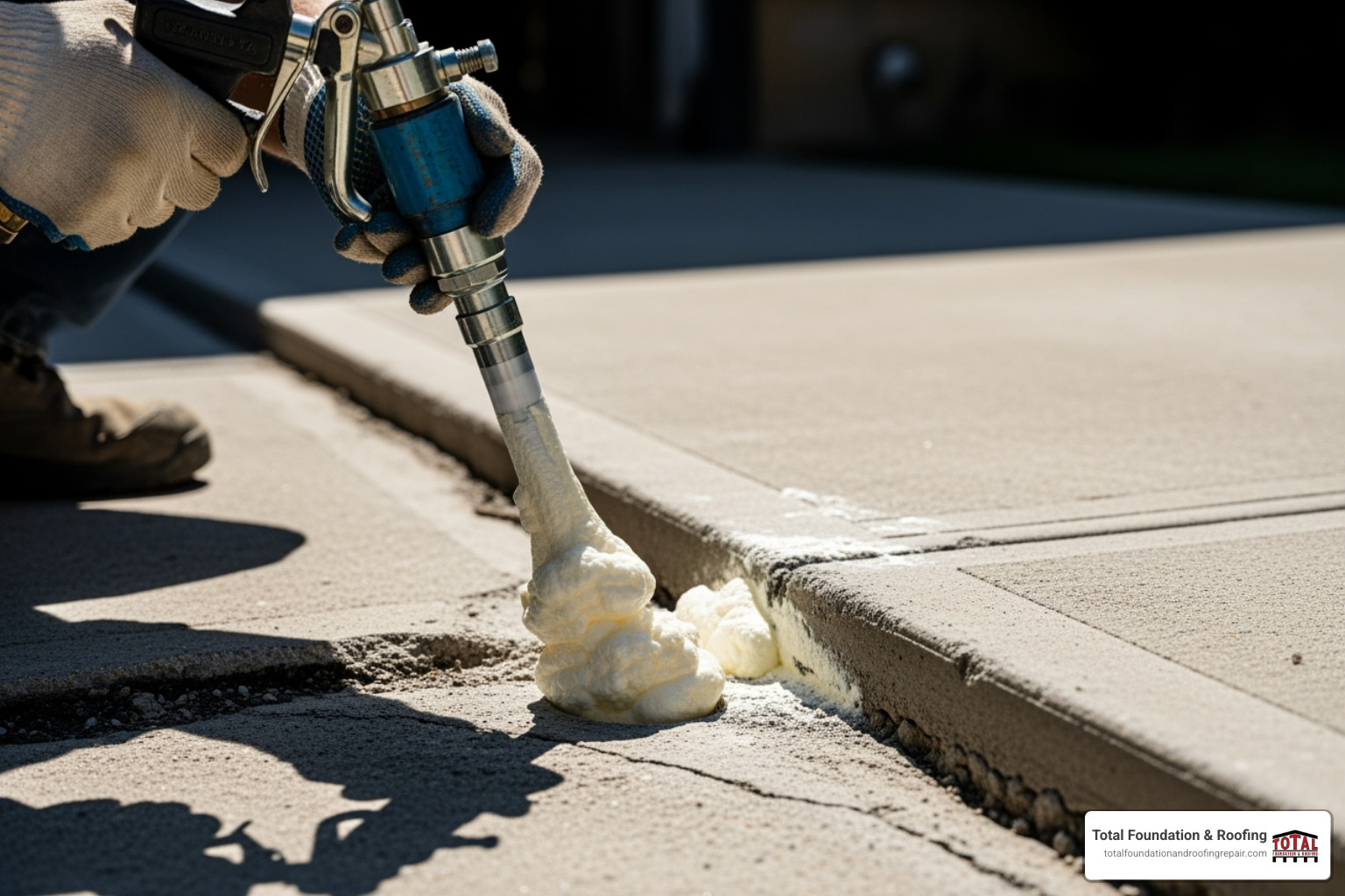 Image showing the polyurethane foam injection process under a driveway slab - concrete driveway repair Image showing the polyurethane foam injection process under a driveway slab - concrete driveway repair