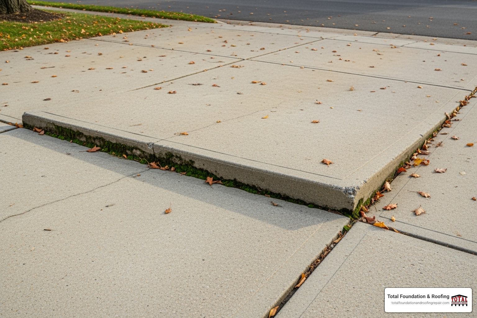 Image of a sunken concrete slab creating a trip hazard - concrete driveway repair Image of a sunken concrete slab creating a trip hazard - concrete driveway repair
