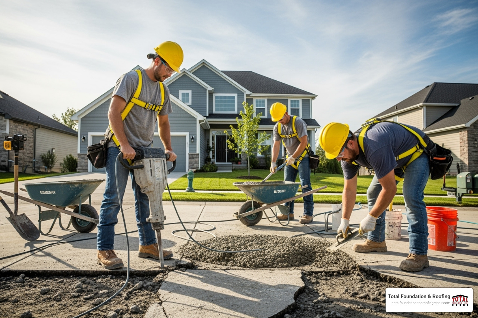 Image of a professional concrete repair team working on a driveway, emphasizing safety harnesses where appropriate - concrete driveway repair Image of a professional concrete repair team working on a driveway, emphasizing safety harnesses where appropriate - concrete driveway repair