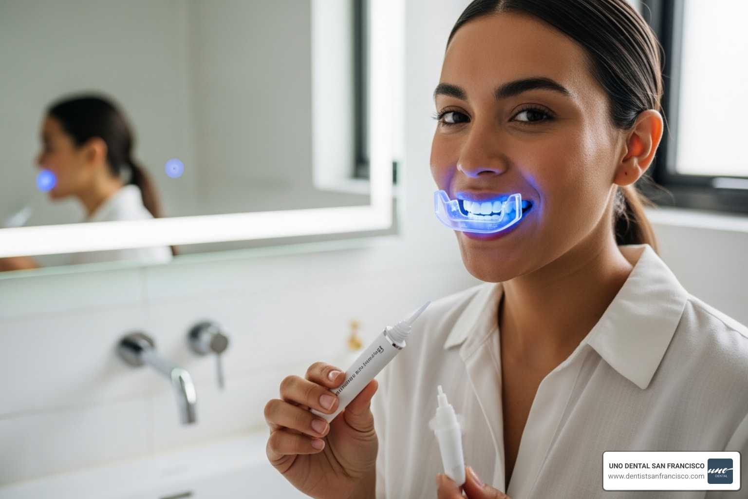 A person using an at-home teeth whitening kit with an LED light, showing the convenience and modern technology involved - at home teeth bleach