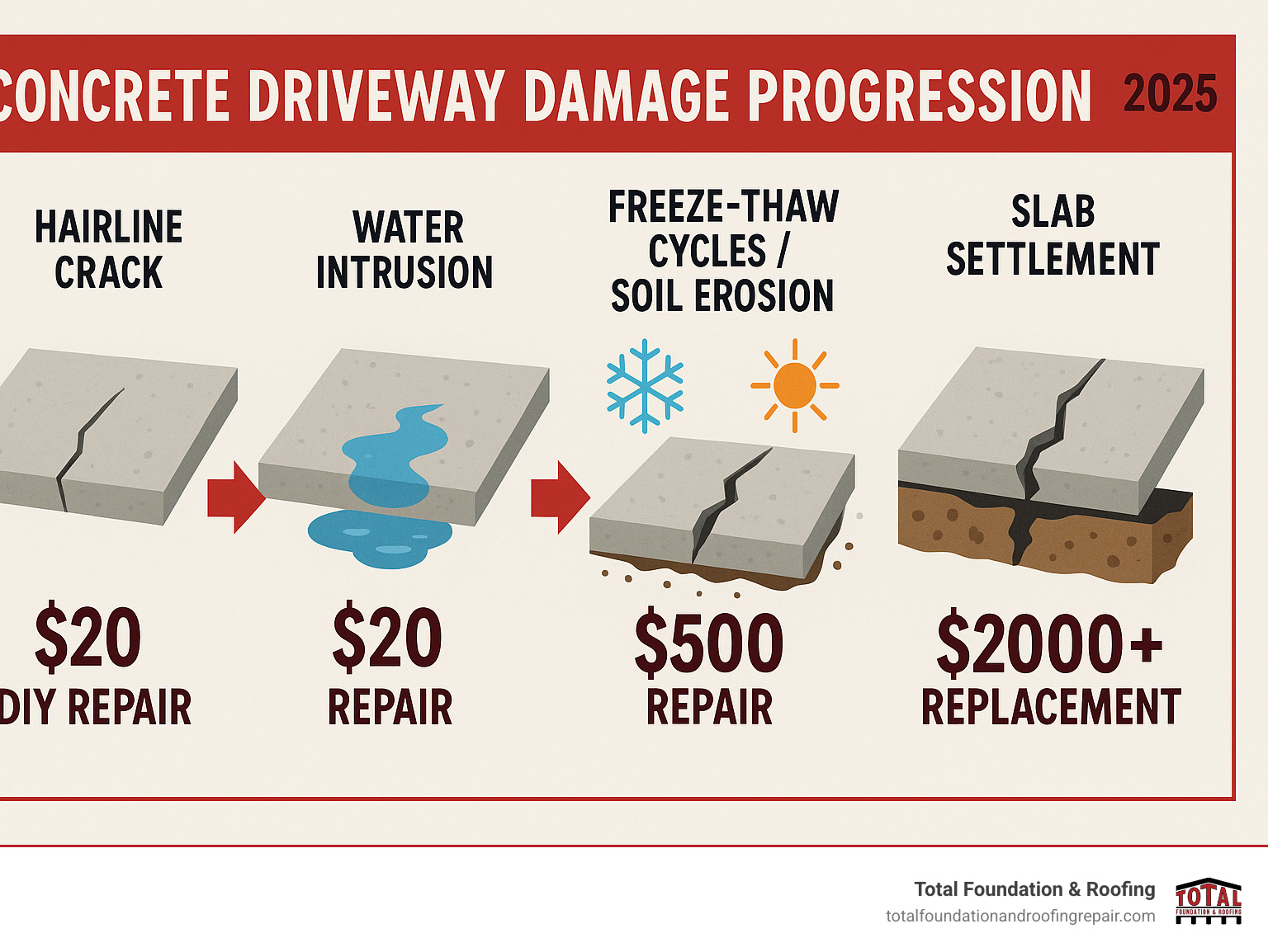 Infographic showing the progression of concrete driveway damage: starting with a hairline crack, then water intrusion, followed by freeze-thaw cycles or soil erosion, leading to wider cracks and eventual slab settlement, with cost estimates at each stage from $20 DIY repair to $2000+ replacement - concrete driveway repair infographic  Infographic showing the progression of concrete driveway damage: starting with a hairline crack, then water intrusion, followed by freeze-thaw cycles or soil erosion, leading to wider cracks and eventual slab settlement, with cost estimates at each stage from $20 DIY repair to $2000+ replacement - concrete driveway repair infographic