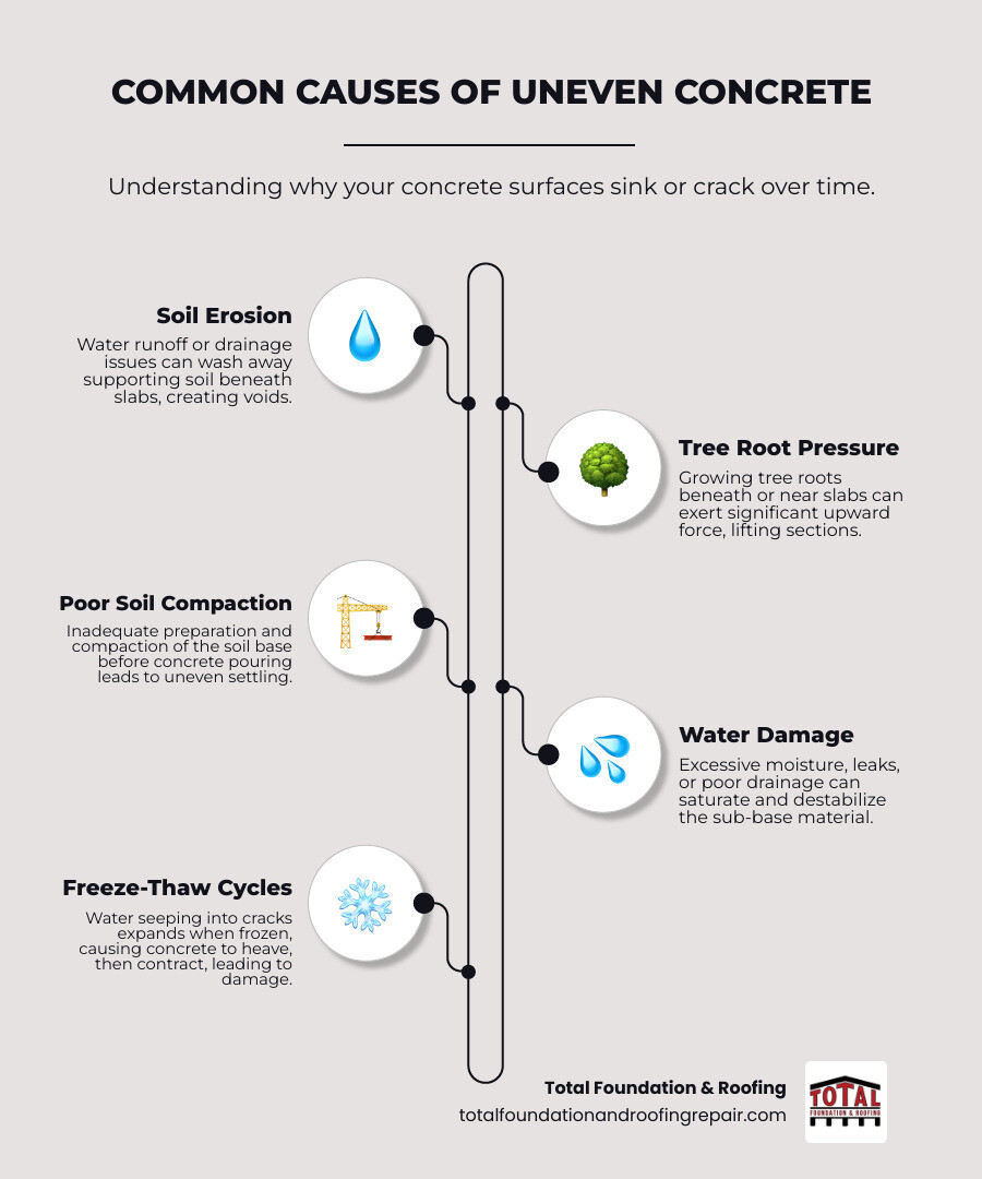 Infographic showing common causes of uneven concrete including soil erosion underneath slabs, tree root pressure lifting sections, poor initial soil compaction, water damage washing away support material, and freeze-thaw cycles creating cracks and settlement - uneven concrete repair infographic infographic-line-5-steps-neat_beige Infographic showing common causes of uneven concrete including soil erosion underneath slabs, tree root pressure lifting sections, poor initial soil compaction, water damage washing away support material, and freeze-thaw cycles creating cracks and settlement - uneven concrete repair infographic infographic-line-5-steps-neat_beige