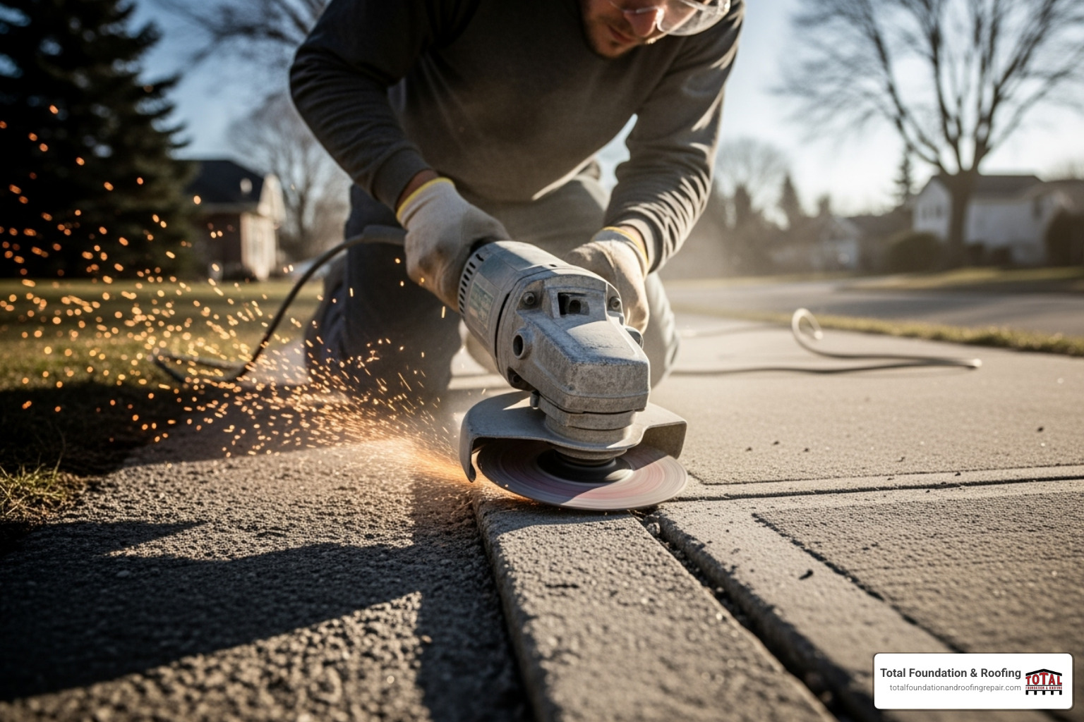 Concrete grinder smoothing a sidewalk edge - uneven concrete repair Concrete grinder smoothing a sidewalk edge - uneven concrete repair