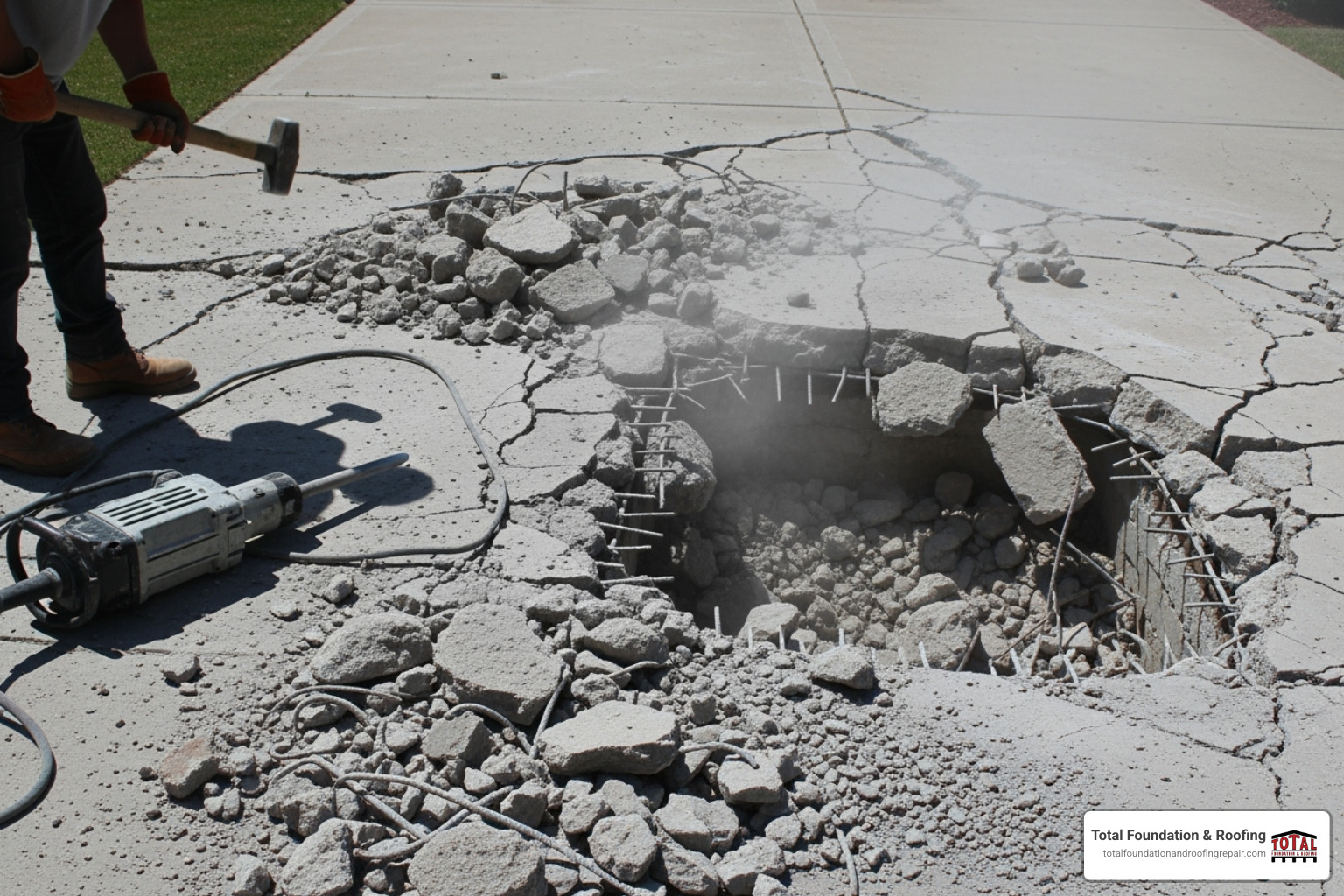 Severely cracked and crumbling driveway being demolished - uneven concrete repair Severely cracked and crumbling driveway being demolished - uneven concrete repair