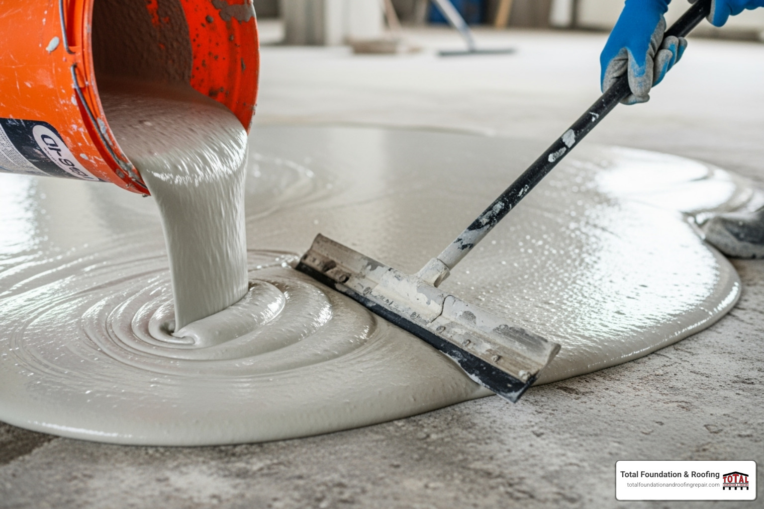 Self-leveling compound being poured and spread on an interior floor - uneven concrete repair Self-leveling compound being poured and spread on an interior floor - uneven concrete repair