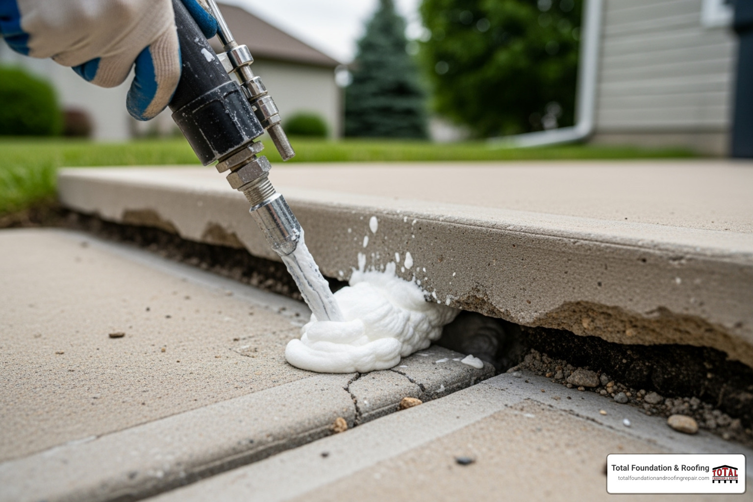 Process of polyurethane foam injection lifting a concrete slab - uneven concrete repair Process of polyurethane foam injection lifting a concrete slab - uneven concrete repair