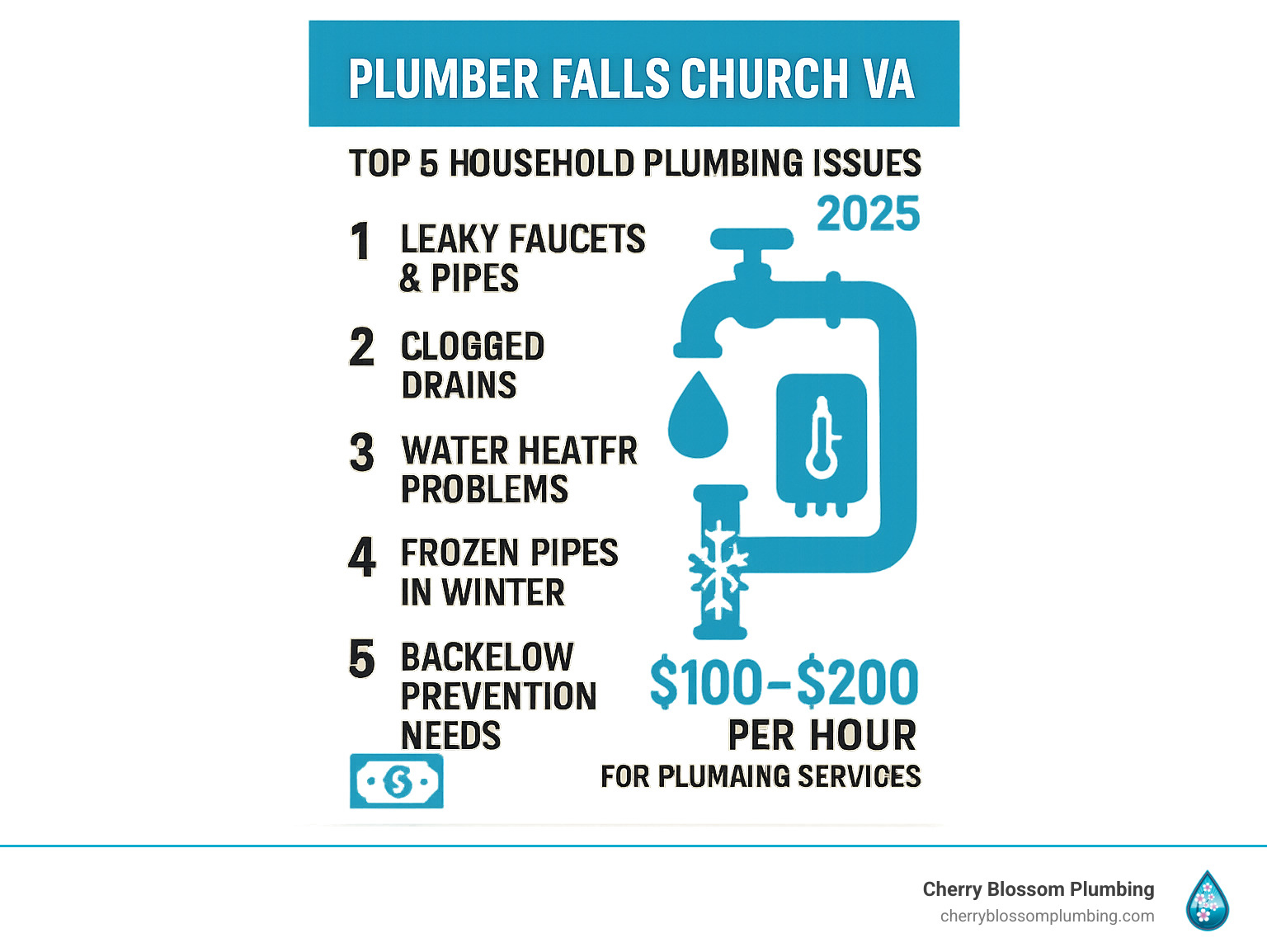 Infographic showing the top 5 most common household plumbing issues in Falls Church VA: leaky faucets and pipes, clogged drains, water heater problems, frozen pipes during winter, and backflow prevention needs, with statistics showing that Falls Church residents can expect to pay $100-$200 per hour for professional plumbing services - Plumber Falls Church VA infographic 