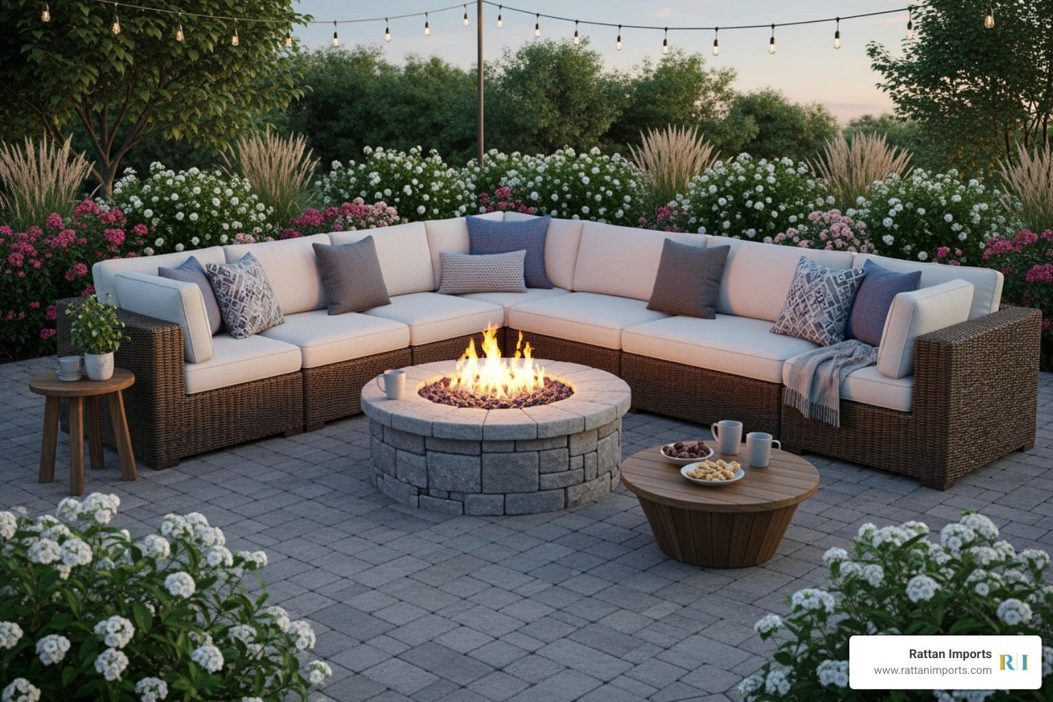 Large, inviting rattan sectional sofa around an outdoor fire pit - patio sofa rattan