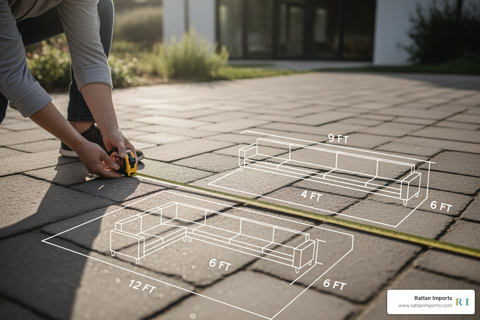 Person measuring patio space with tape measure and graphic overlays for sofa dimensions - patio sofa rattan