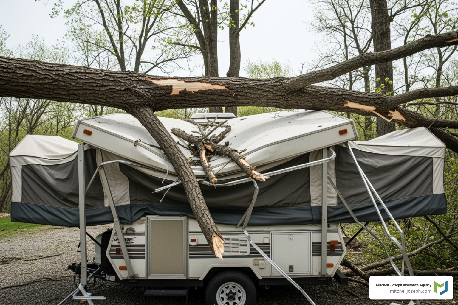 of a pop-up camper damaged by a fallen tree branch - pop up camper insurance of a pop-up camper damaged by a fallen tree branch - pop up camper insurance