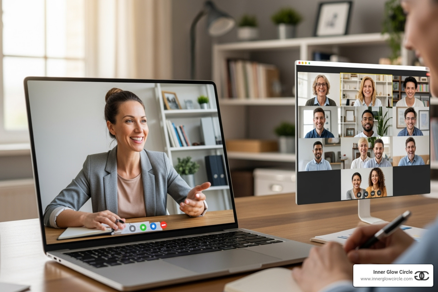 female coach successfully leading a virtual group session - self-development coaching program female coach successfully leading a virtual group session - self-development coaching program