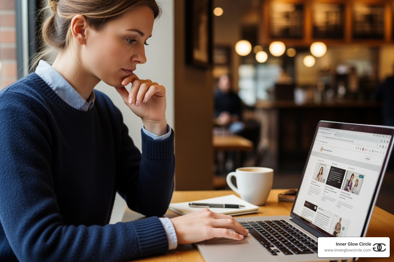woman thoughtfully researching coaching programs on her laptop - self-development coaching program woman thoughtfully researching coaching programs on her laptop - self-development coaching program