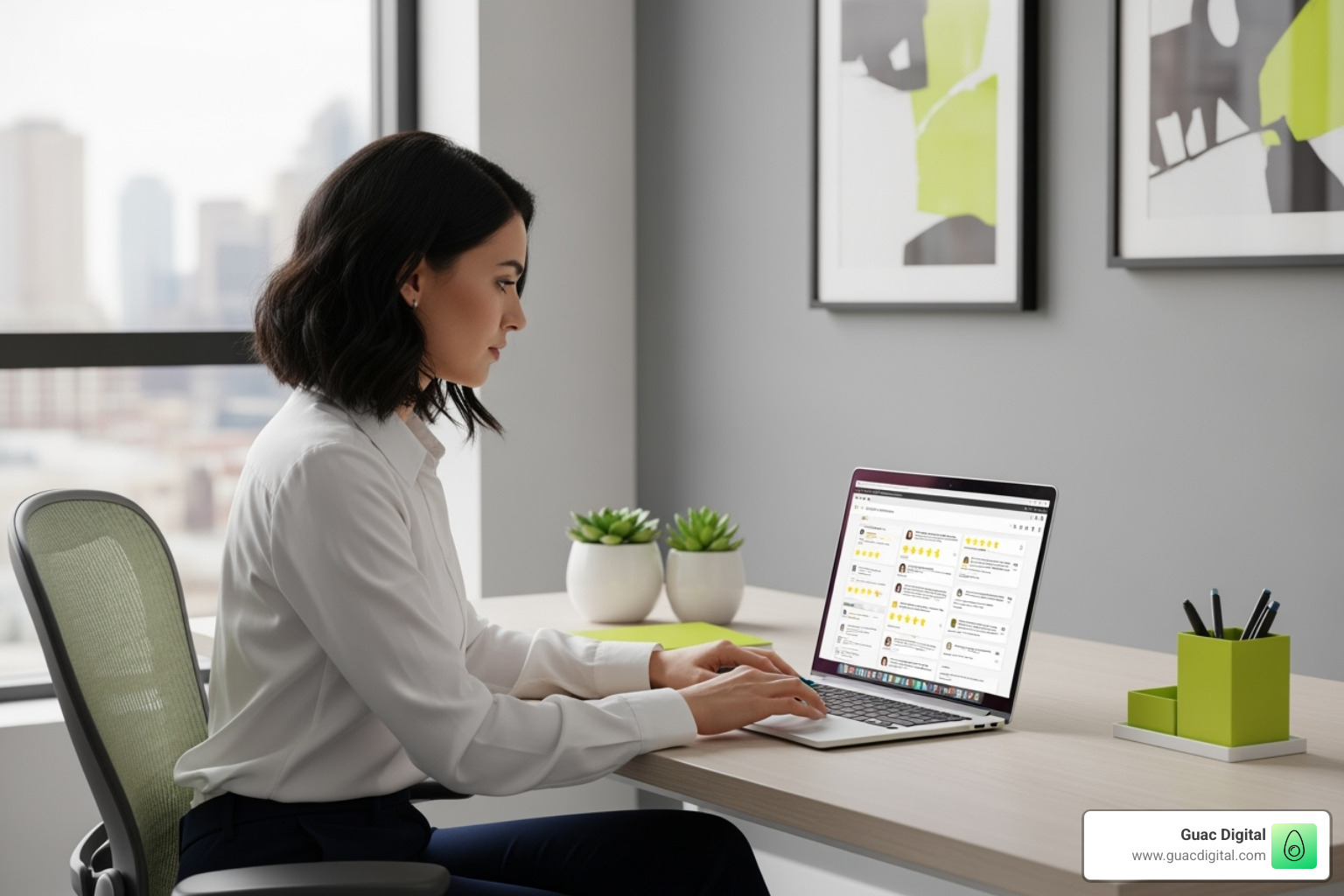 Image of a business owner thoughtfully typing a reply to a review - how to manage google reviews