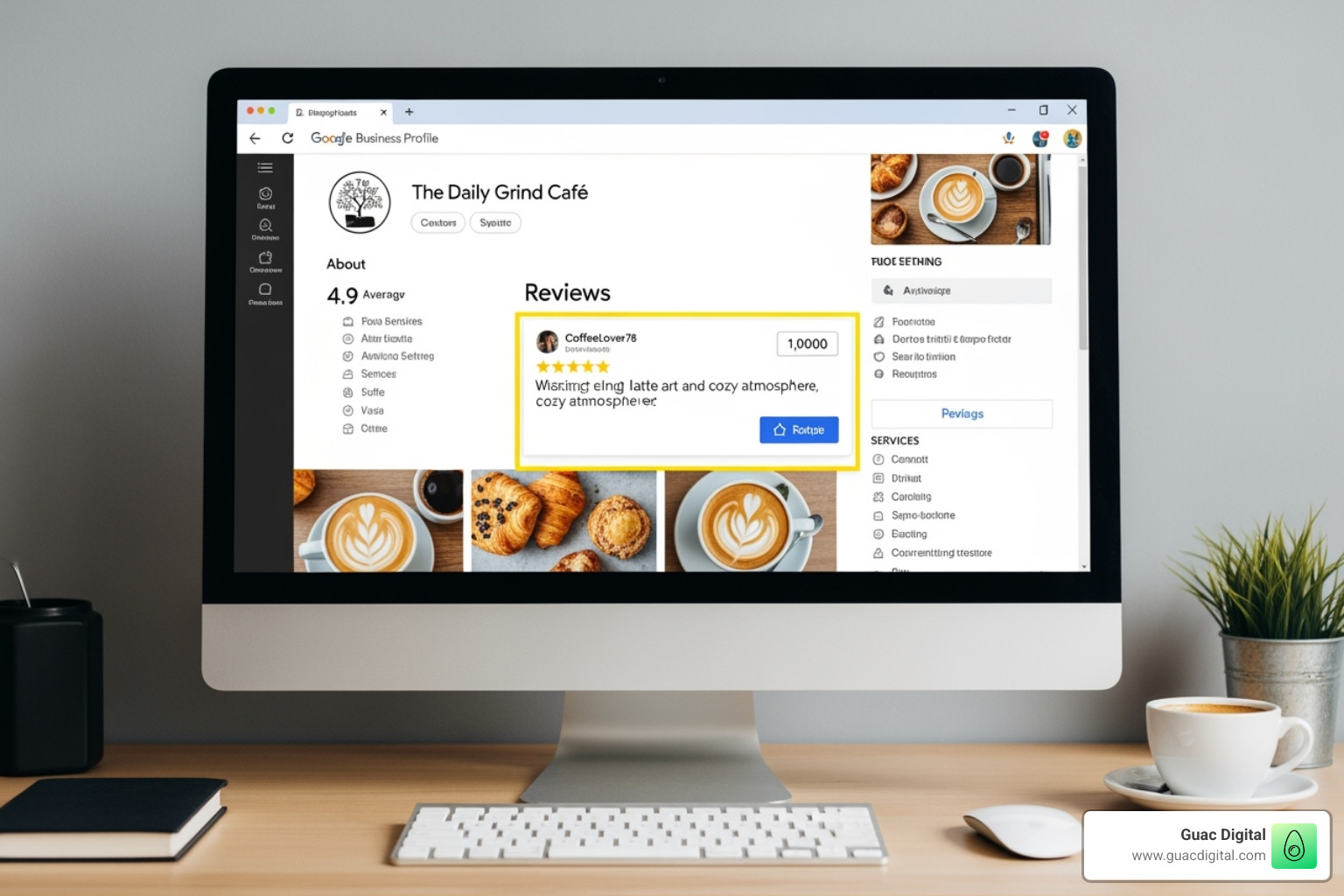 Image of a well-optimized Google Business Profile on a desktop screen, highlighting the reviews section - how to manage google reviews