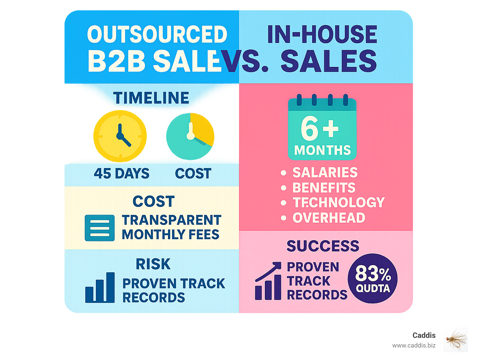 Comprehensive comparison of in-house vs outsourced B2B sales showing timeline from 6+ months for internal hiring and training versus 45 days for outsourced team launch, cost breakdown including salaries benefits technology and overhead for in-house teams versus transparent monthly fees for outsourced solutions, risk factors showing fixed costs and hiring risks versus variable costs and market testing capabilities, and success metrics displaying 83% internal team quota miss rate versus proven track records of outsourced providers - outsourced b2b sales infographic 