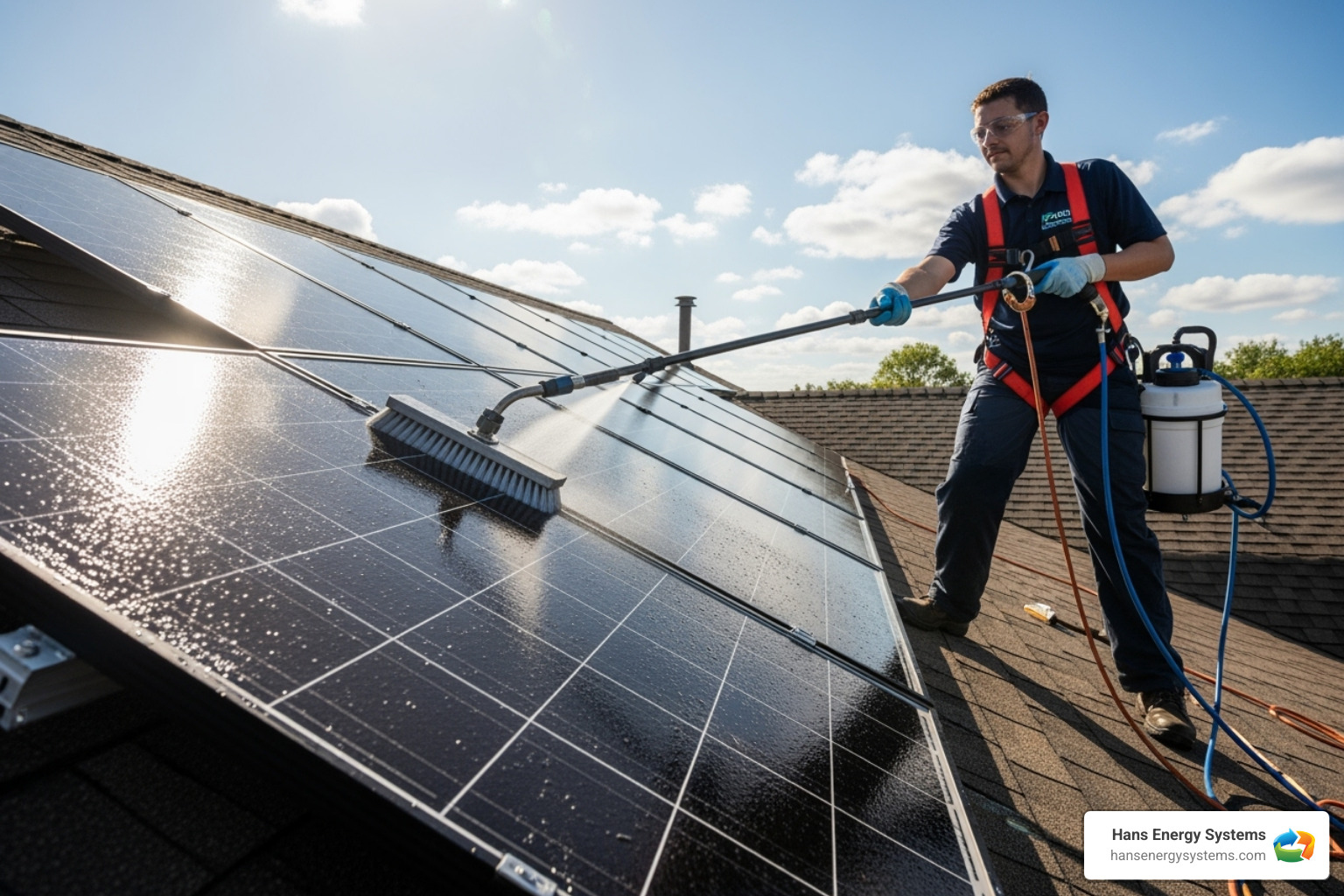 a professional safely cleaning solar panels with proper equipment - solar energy maintenance