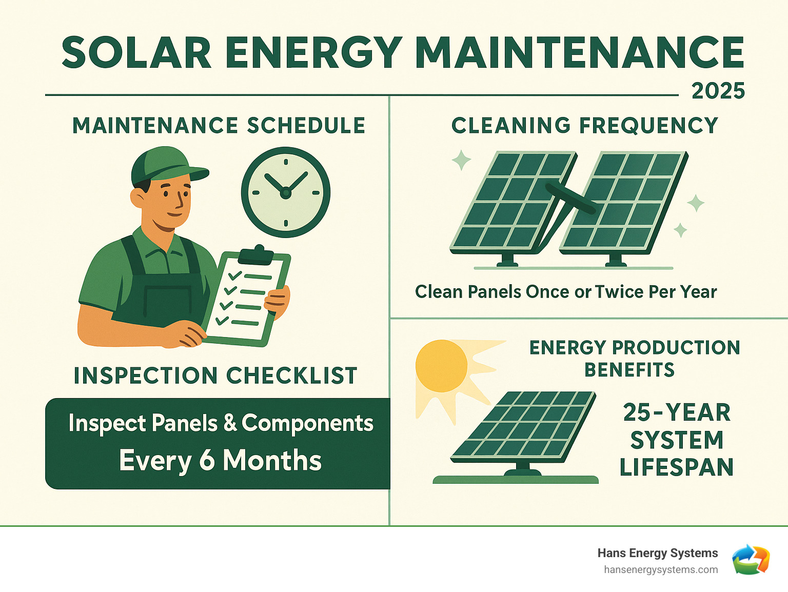 infographic showing solar panel maintenance schedule with inspection checklist, cleaning frequency recommendations, and energy production benefits over 25-year system lifespan - solar energy maintenance infographic 