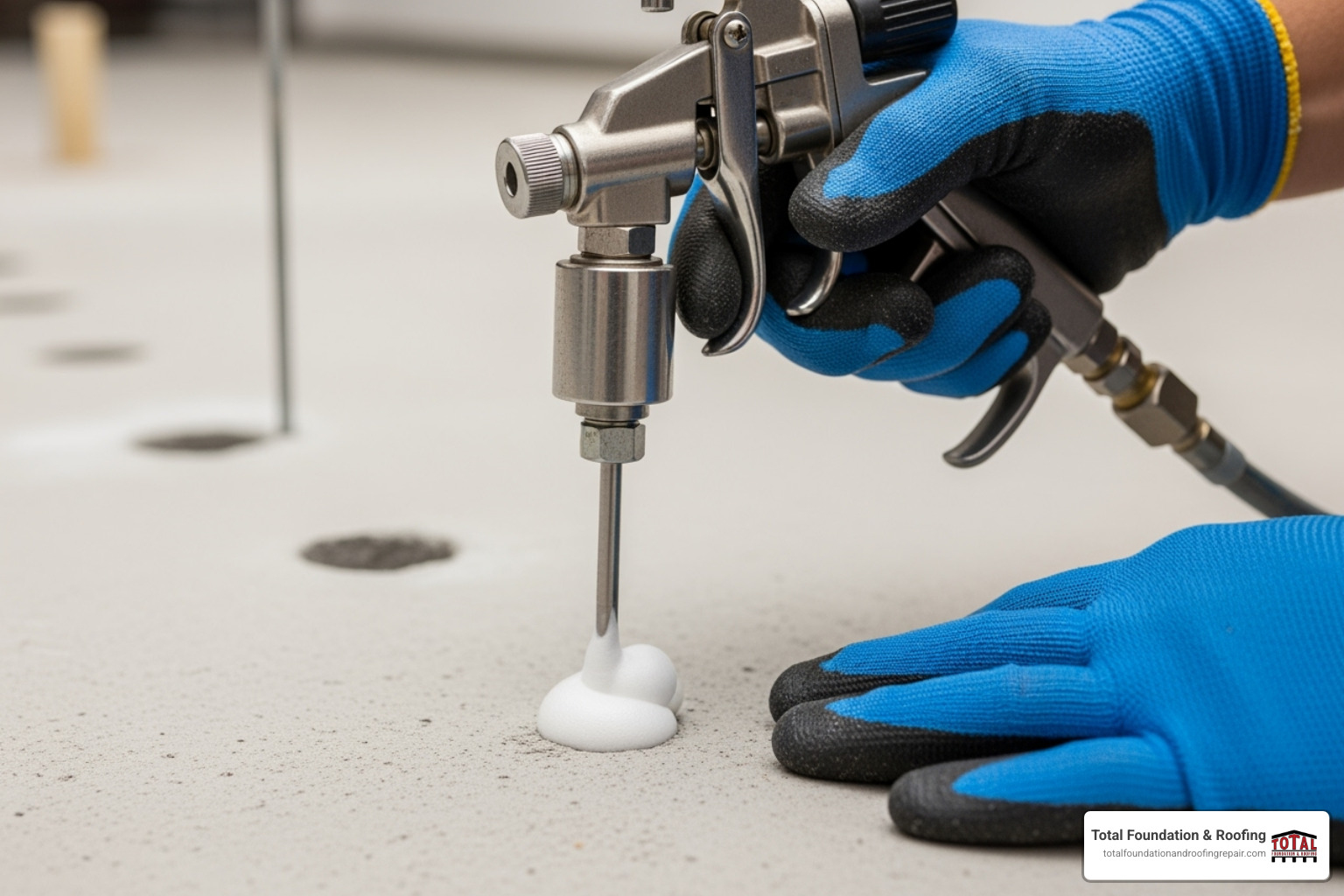 Small, clean injection holes used for polyurethane foam leveling, with a technician performing the injection. - concrete leveling hill country