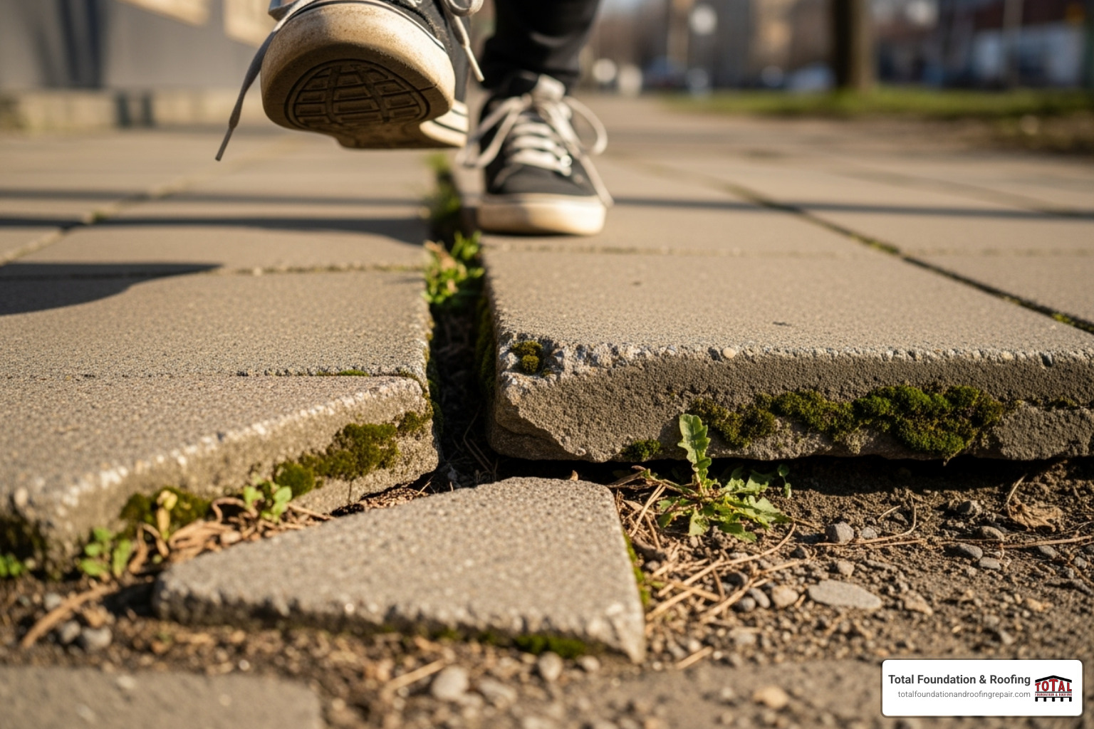 A cracked and uneven sidewalk showing a clear trip hazard, with a foot about to trip over it. - concrete leveling hill country