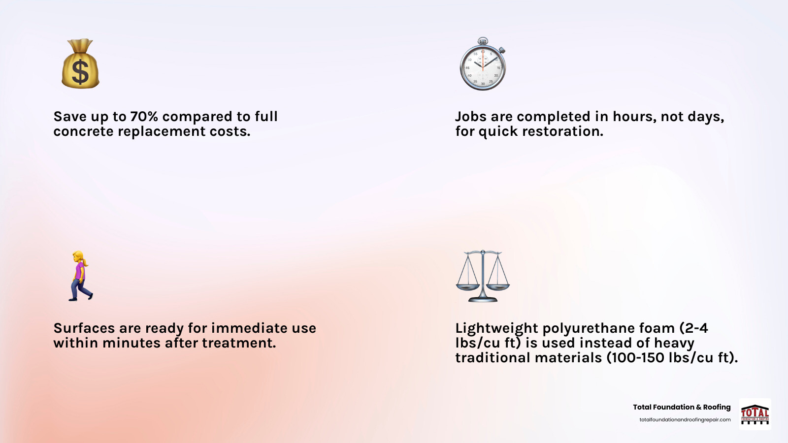 Infographic showing concrete leveling benefits: 70% cost savings compared to replacement, completion in hours vs days for replacement, immediate surface use vs weeks of curing time, lightweight foam injection vs heavy traditional materials, and long-term soil stabilization - concrete leveling hill country infographic 4_facts_emoji_light-gradient