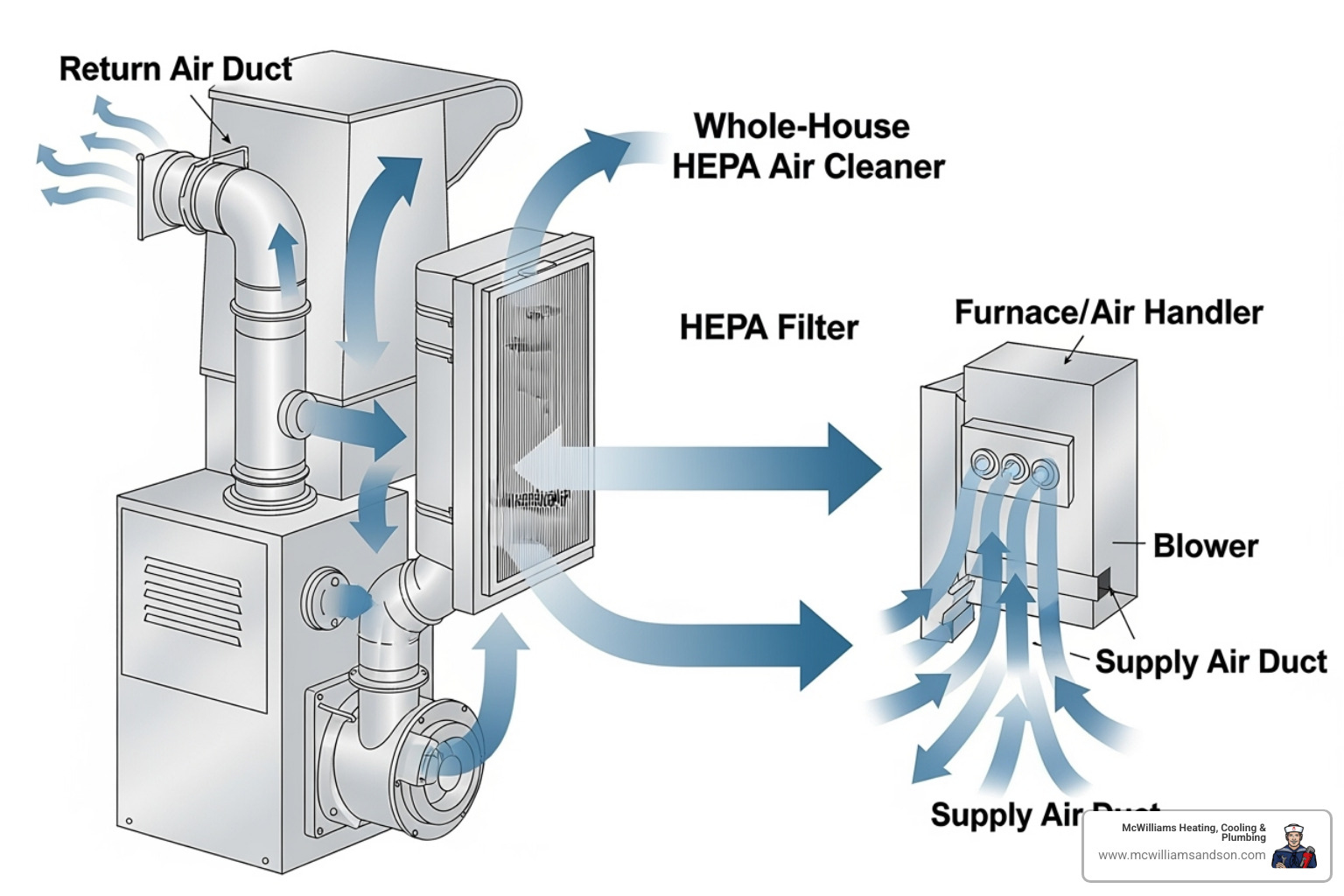 Diagram showing a whole-house HEPA air cleaner installed on the return air plenum of an HVAC system - whole house hepa air cleaner