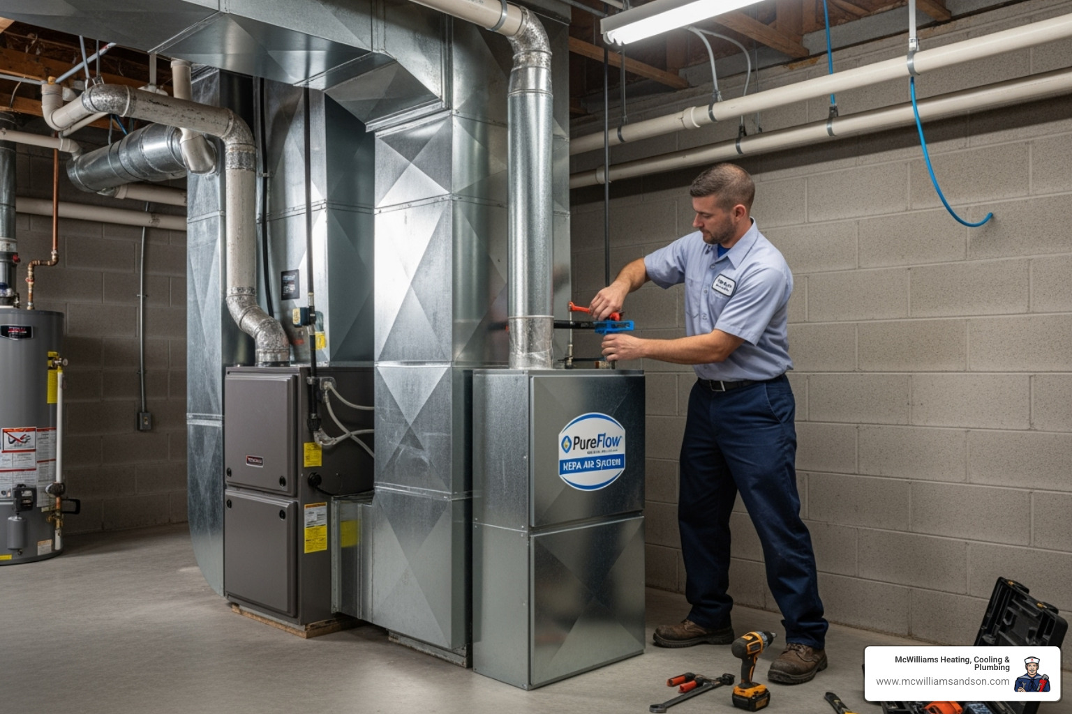 HVAC technician installing a whole-house HEPA air cleaner - whole house hepa air cleaner
