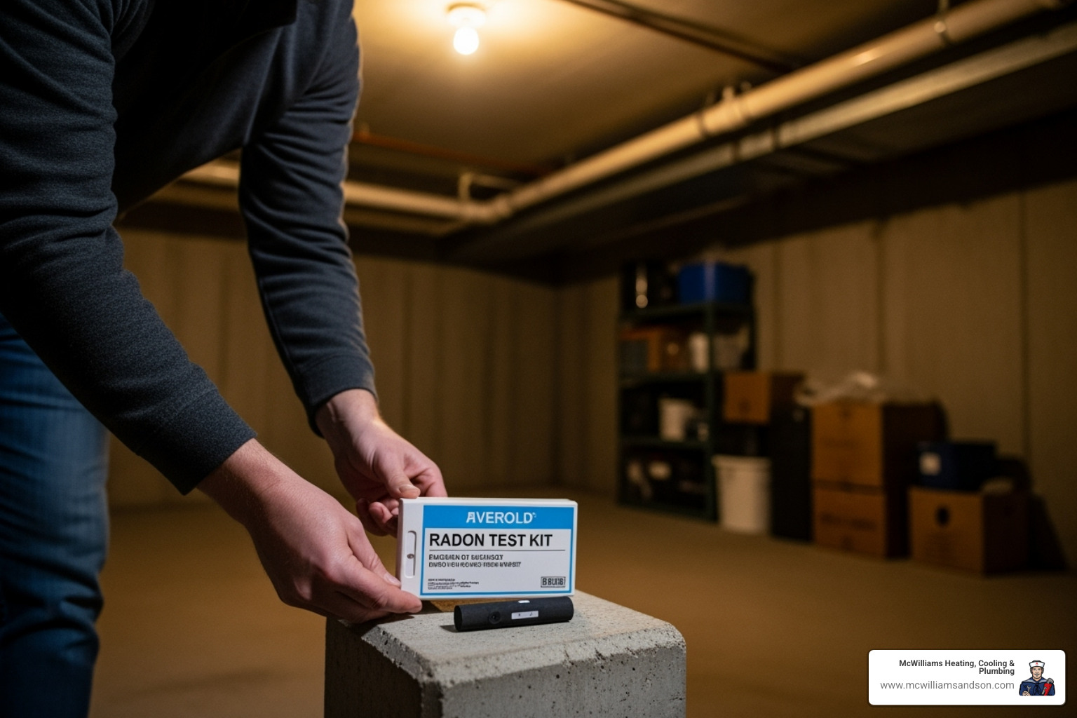 a person placing a radon test kit in their basement - radon air quality a person placing a radon test kit in their basement - radon air quality