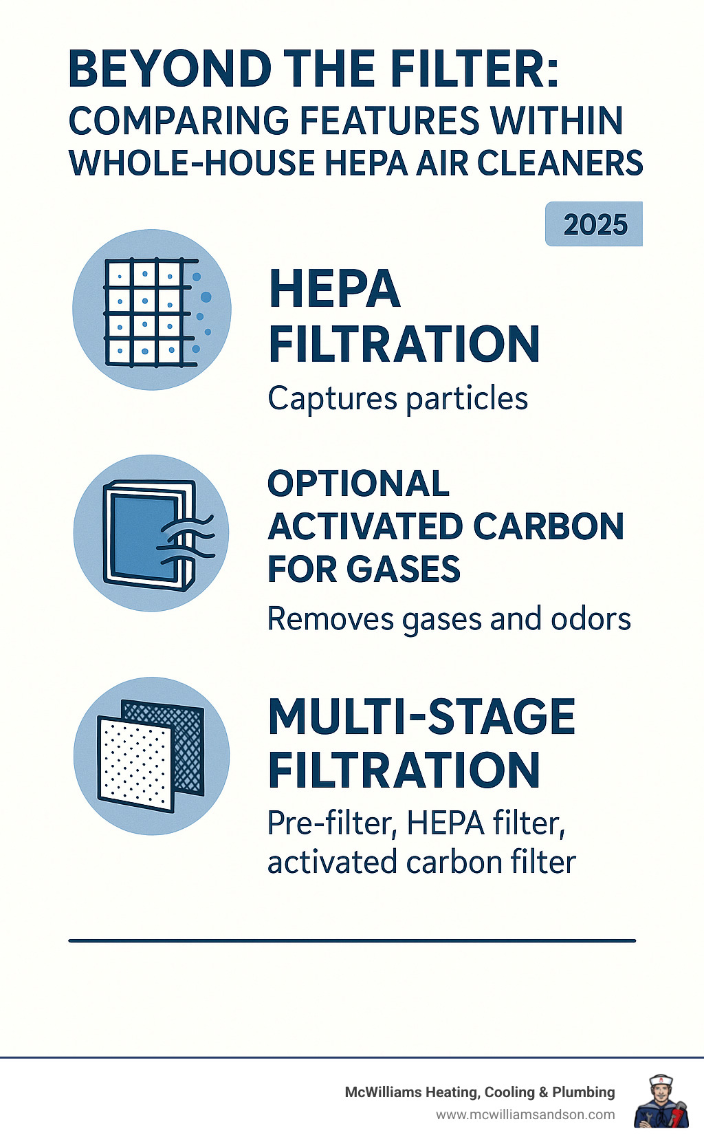 Infographic comparing features within whole-house HEPA air cleaners, such as HEPA filtration, optional activated carbon for gases, and multi-stage filtration - whole house hepa air cleaner infographic 