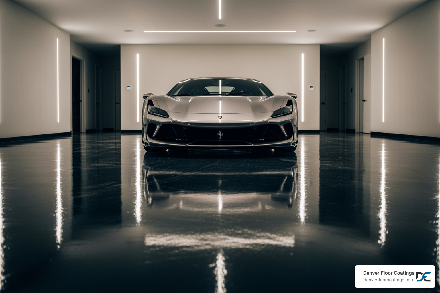 A car parked on a durable, high-gloss garage floor without any tire marks - best garage floor paint non slip