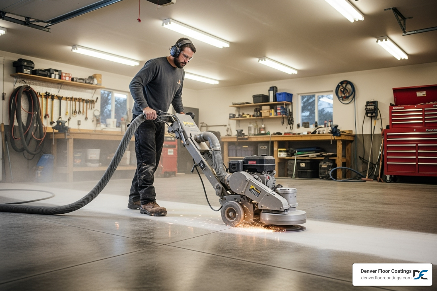 A professional using a floor grinder to prepare a concrete surface - best garage floor paint non slip