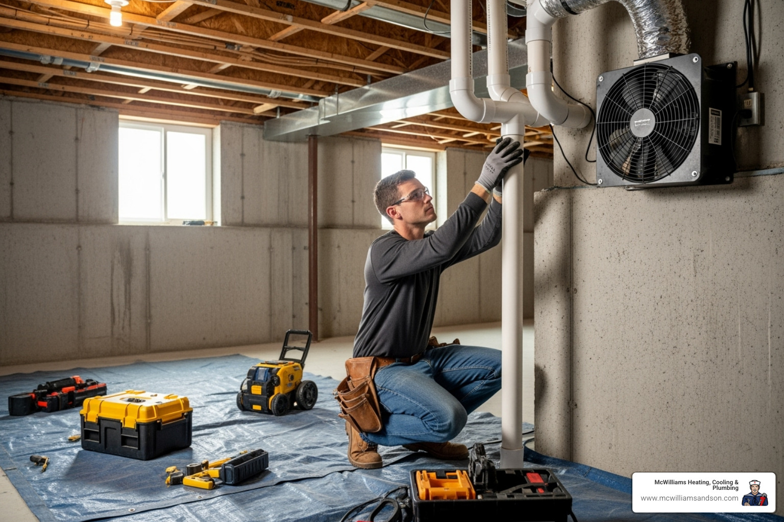 a professional installing a radon mitigation system in a basement - radon air quality monitor