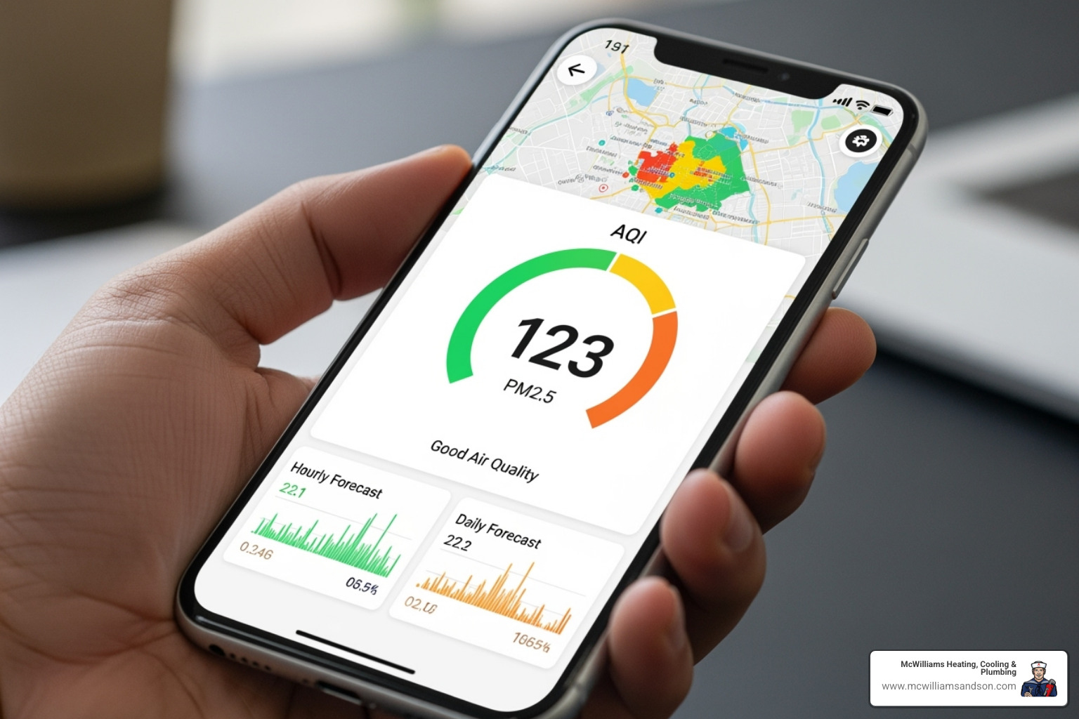 a hand holding a smartphone showing a detailed air quality report from a connected app - radon air quality monitor